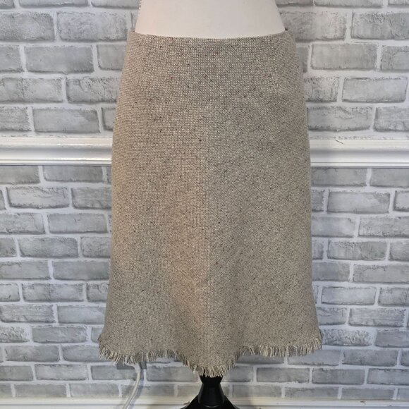 Sweet Salt Taupe Wool Blend A line Skirt Tweed Fringe Hem Preppy Acadamia Small - Picture 1 of 9